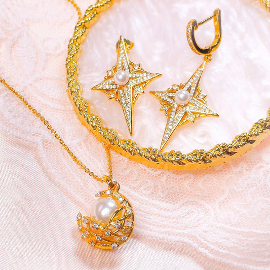 Asymmetrical Pearl Star Earrings