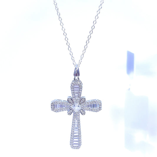 Emerald Cut Crystal Cross Necklace