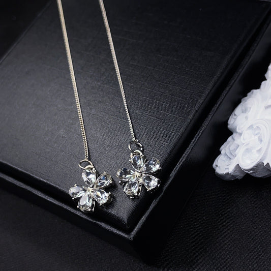 Crystal Flower Threader Earrings with Pearl Studs