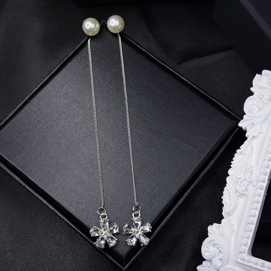 Crystal Flower Threader Earrings with Pearl Studs