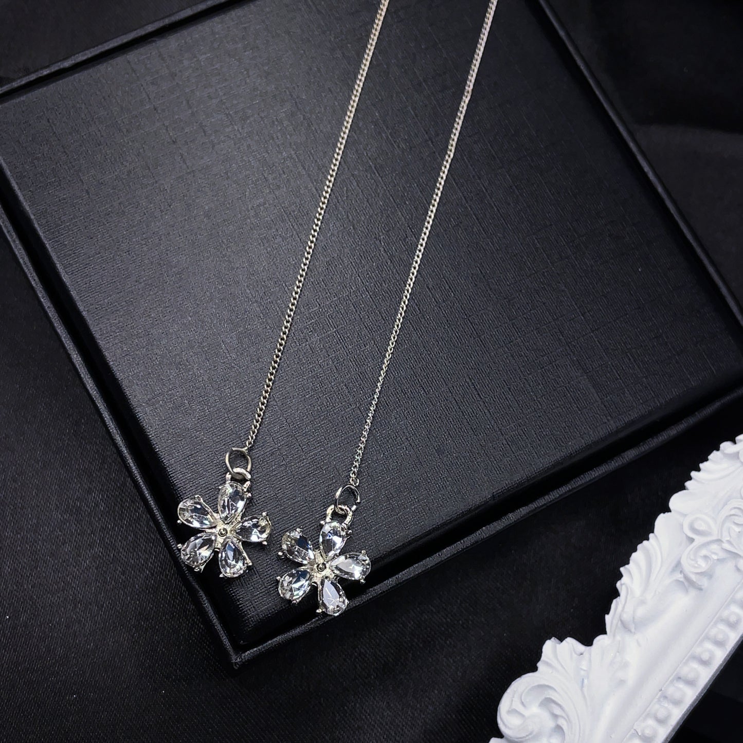 Crystal Flower Threader Earrings with Pearl Studs